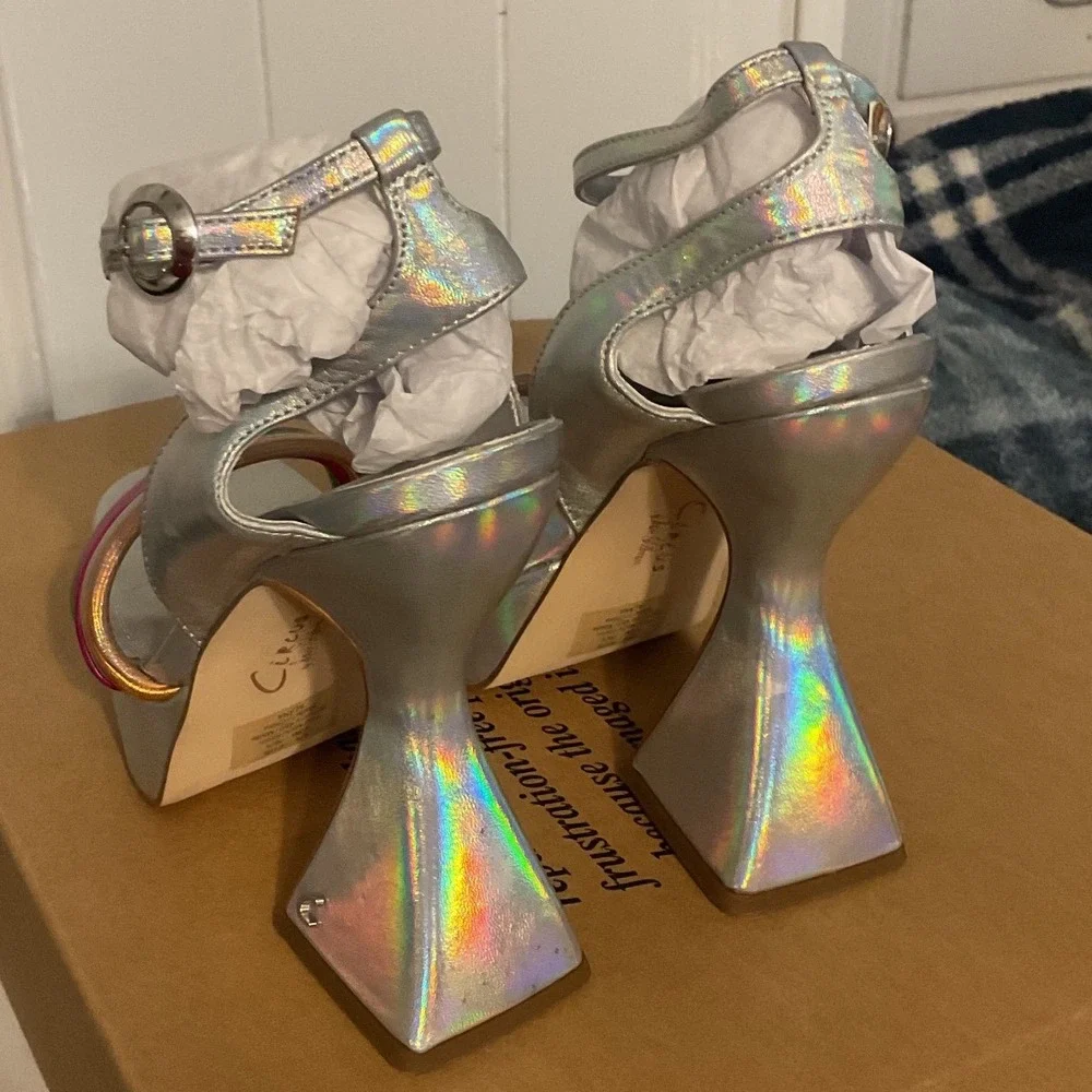 Circus NY Sam Edelman Silver Holographic Multi Strap Platform Flared Heel Sandal